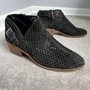Vince Camuto Phandra Black Suede Perforated Heel Buckle Ankle Zip Booties 8.5